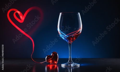 Glass wine and red heart shaped light trail on blue background photo