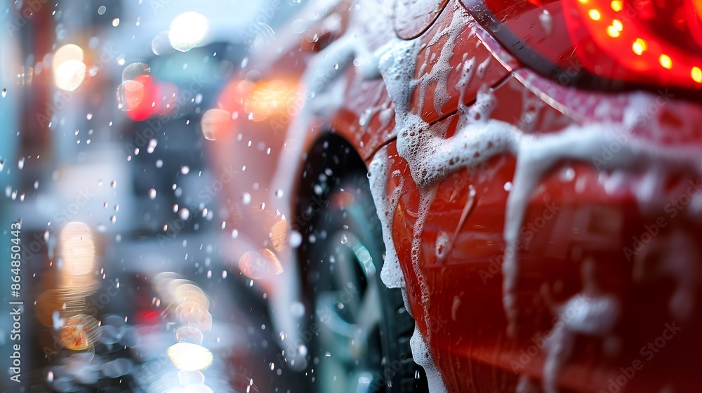 car undergoing a thorough cleaning, with foam soap being sprayed all ...