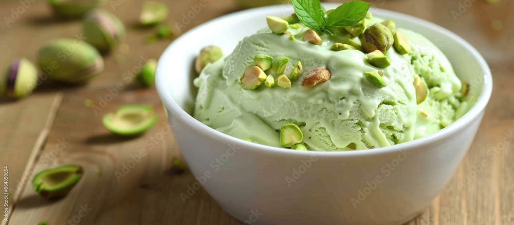 Close-up of a bowl of pistachio ice cream topped with green pistachio nuts on a wooden kitchen counter. Refreshing summer dessert. Close-up of a bowl of pistachio ice cream topped with green pistachio nuts on a wooden kitchen counter. Refreshing summer dessert.