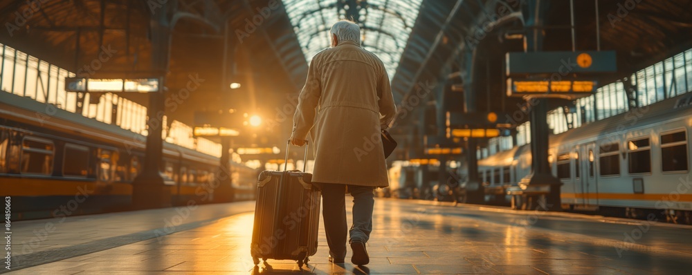 An older man dressed in a coat, walking with a suitcase through a busy train station at sunset. The station is illuminated by warm, glowing lights. An older man dressed in a coat, walking with a suitcase through a busy train station at sunset. The station is illuminated by warm, glowing lights.