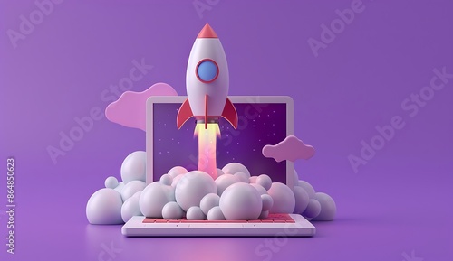 easter bunny with eggs computer with space for text A 3D rocket is taking off from a laptop against a purple background, with white and pink colors in the scene. The style is minimalistic with simple 