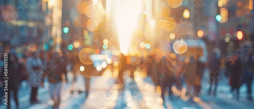 Blurred busy city street with diverse people walking under bright sunlight creating a vibrant urban scene photo
