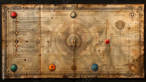 An antique map of the universe, featuring a detailed diagram with colored circles and an ornate frame.