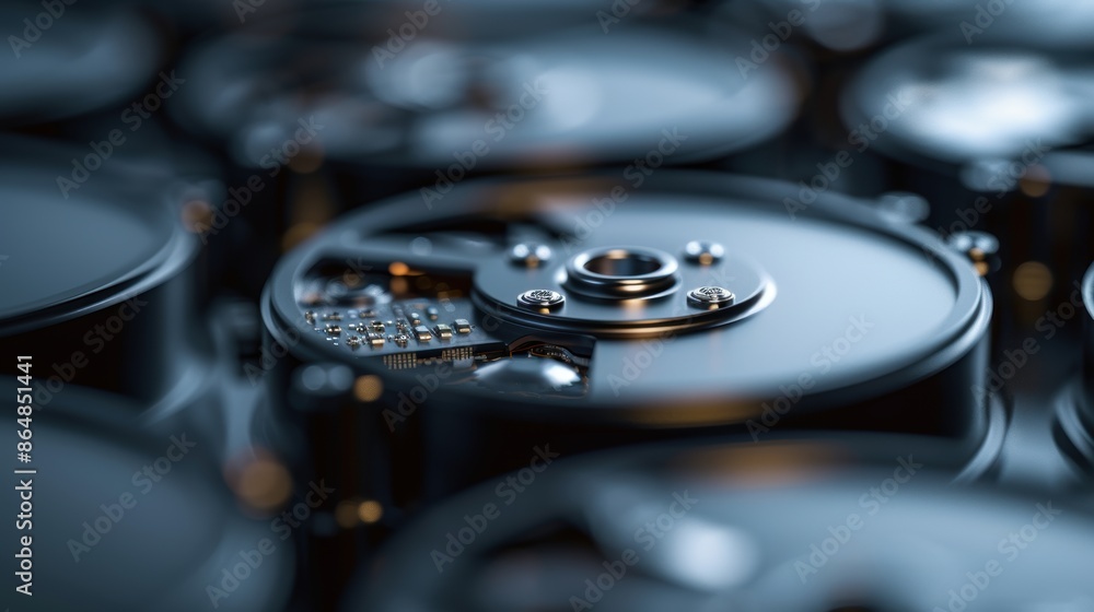 Close-up view of hard disk drive platters, focusing on intricate details and mechanical components. Technology and data storage concept. Close-up view of hard disk drive platters, focusing on intricate details and mechanical components. Technology and data storage concept.
