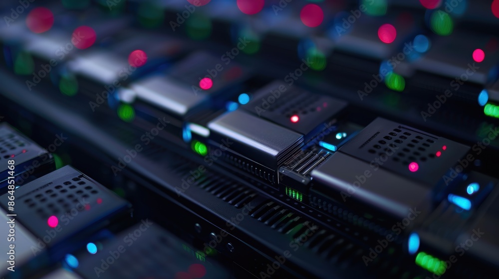 Close-up view of server racks with illuminated indicator lights, showcasing advanced data storage and processing technology. Close-up view of server racks with illuminated indicator lights, showcasing advanced data storage and processing technology.