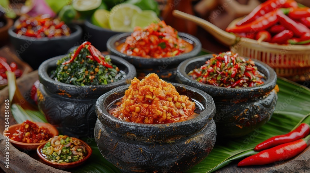 Top view many kinds of Indonesian spicy condiments called sambal served in mini stone plate with banana leaf under the plate. Top view many kinds of Indonesian spicy condiments called sambal served in mini stone plate with banana leaf under the plate.