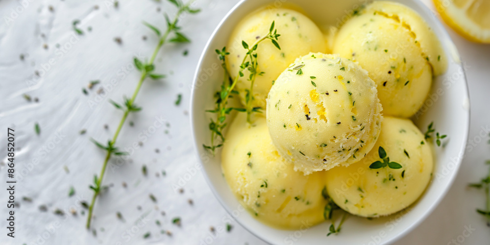 Chic lemon and thyme sorbet, an image of chic lemon and thyme sorbet, its bright yellow color and herbal flecks against a white backdrop Chic lemon and thyme sorbet, an image of chic lemon and thyme sorbet, its bright yellow color and herbal flecks against a white backdrop