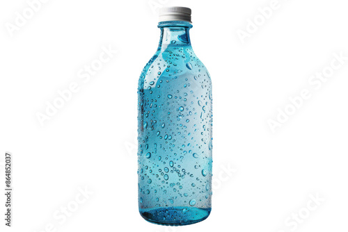 A glass bottle of water with condensation droplets on the surface.