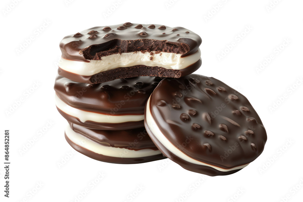 A stack of chocolate cookies with a creamy filling. One cookie has a bite taken out of it, revealing the creamy center. The cookies are perfect for a sweet treat. A stack of chocolate cookies with a creamy filling. One cookie has a bite taken out of it, revealing the creamy center. The cookies are perfect for a sweet treat.