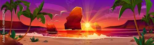 Tropical sunset sea beach with palm trees and rocks in water. Vector cartoon illustration of summer dusk scenery with ocean waves splashing on sandy coast, exotic plants, seagulls flying above water