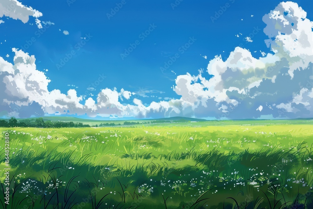 Fototapeta premium Beautiful green meadow with white clouds in the blue sky. Calm landscape, natural scenery for nature backgrounds and wallpapers.