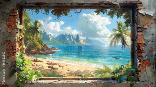 Wallpaper Mural A brick wall with a painting of a window looking out to a beach.  Torontodigital.ca