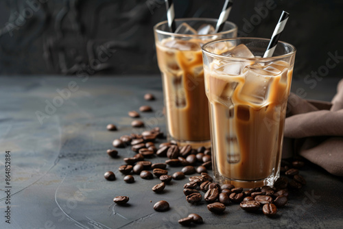 two glasses of ice coffee with straws and coffee beans