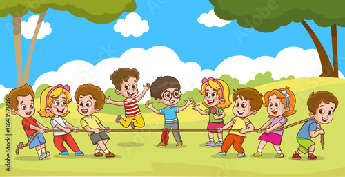 Group of multi ethnic kids pulling rope playing tug of war game in the park
