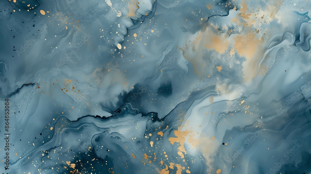 Abstract pattern in gray beige and blue tones interspersed with gold spots : Generative AI