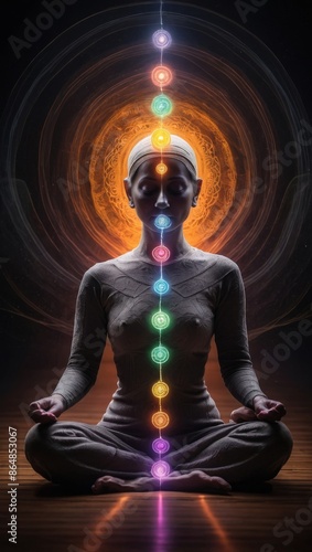 Concept of spiritual growth and chakra awakening in meditation. © Sahaidachnyi Roman