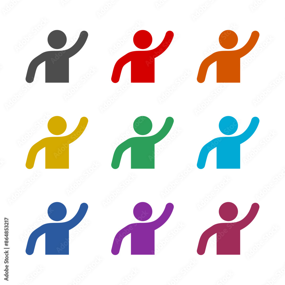 People greeting with hand up icon isolated on white background. Set icons colorful People greeting with hand up icon isolated on white background. Set icons colorful