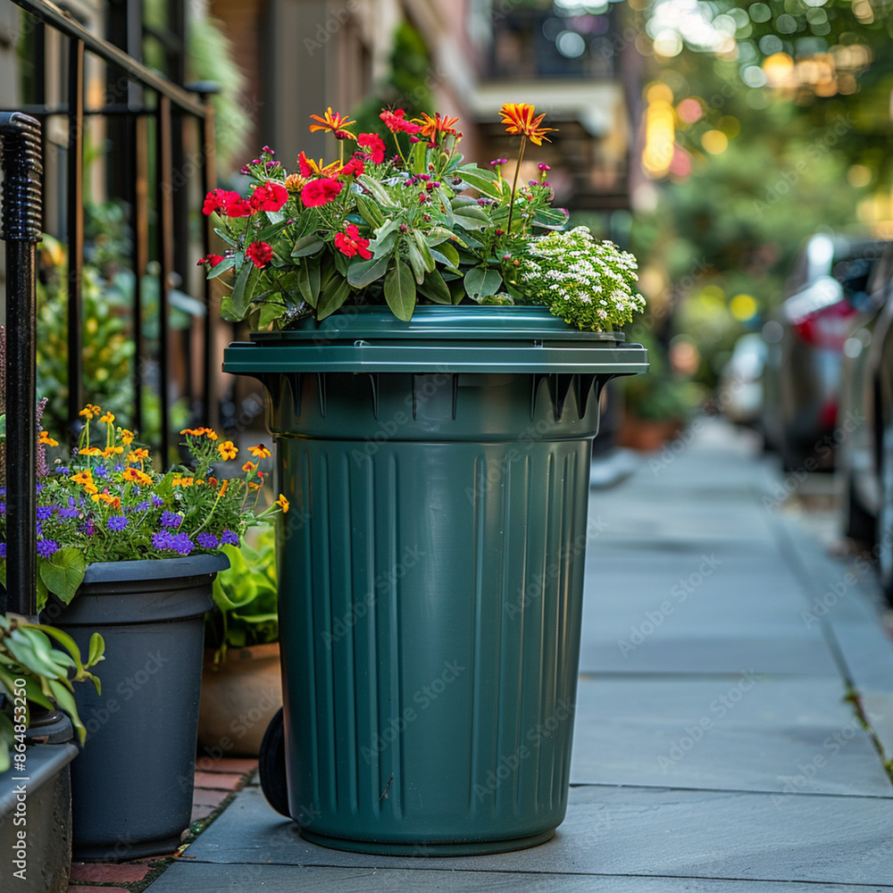 Big plastic green garbage container standing outdoors near house terrace Big plastic green garbage container standing outdoors near house terrace