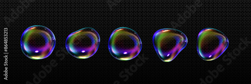 3D soap bubbles set isolated on transparent background. Vector realistic illustration of rainbow color shampoo blobs of abstract shape, bath foam orbs flying in air, washing detergent design elements