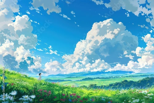 Woman standing in a field with a beautiful blue sky and fluffy white clouds. Concept of freedom, peace, and nature.