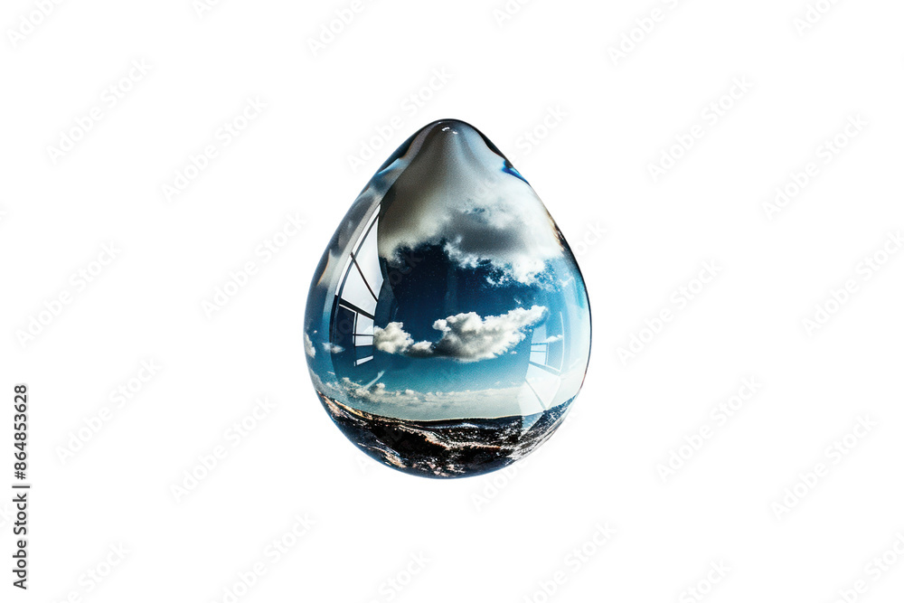 A single water drop reflecting a cloudy sky. The drop is isolated on a black background. A single water drop reflecting a cloudy sky. The drop is isolated on a black background.