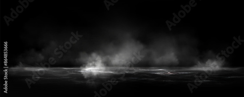 Smoke clouds above black water surface. Vector realistic illustration of white fog, steam, mist over spooky sea waves, dark river splashing in scary smog, mysterious Halloween atmosphere, horror night