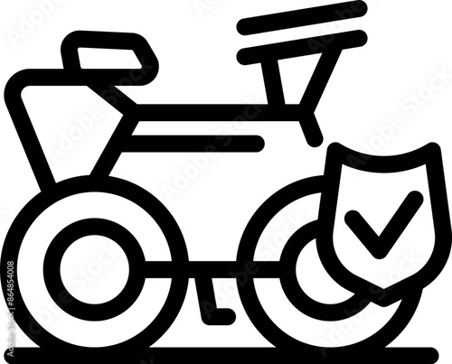 Simple icon of a bicycle with a shield and a check mark, representing bicycle insurance and protection