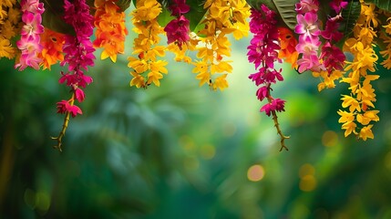 Decorative flowers background for Onam Rangoli and Diwali Flower hanging border design Pongal concept background : Generative AI