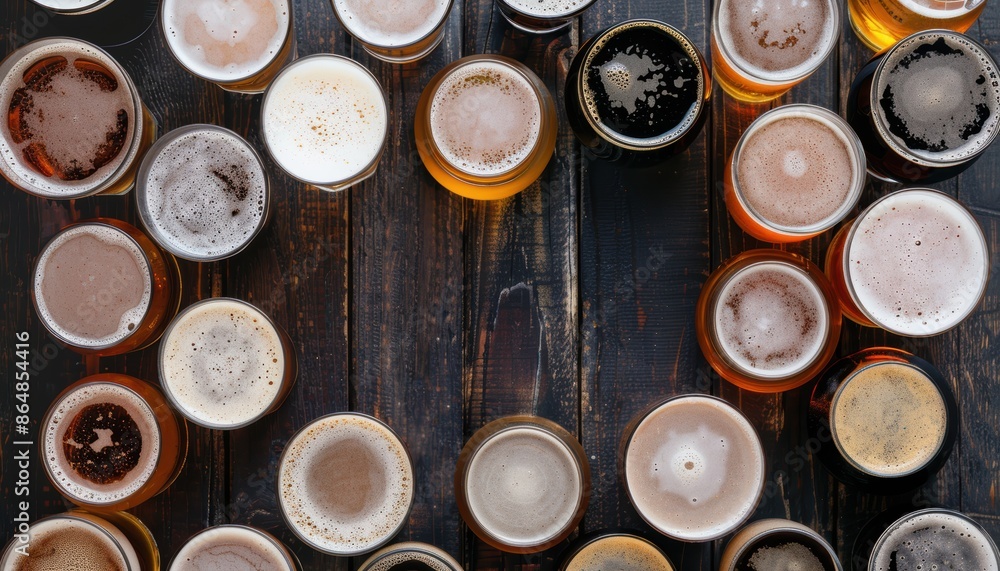 Top view of various beer glasses on a wooden table, showcasing different types of beer with rich colors and frothy heads. Top view of various beer glasses on a wooden table, showcasing different types of beer with rich colors and frothy heads.
