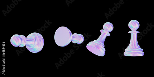 pawn Chess Pieces in a Holographic Iridescent Glow from Multiple Angles, Isolated on Black