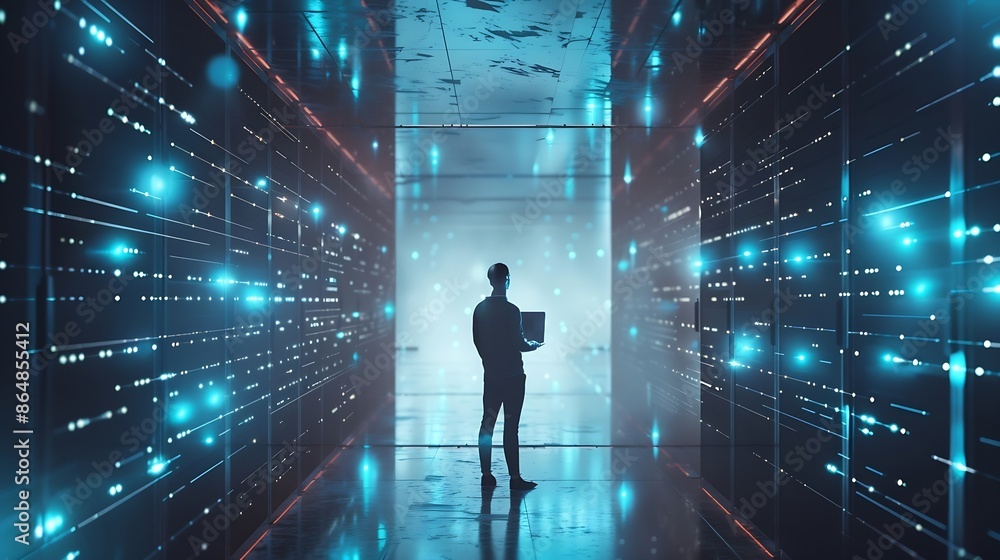 Futuristic Concept Business man with laptop in Data Center : Generative AI Futuristic Concept Business man with laptop in Data Center : Generative AI