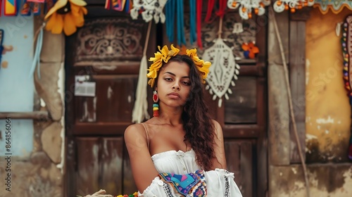 Young adult brazilian femele posing near traditional San Juan decorations in Porto Santos populares concept : Generative AI photo