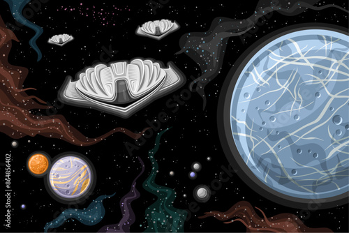 Vector card with Alien Spaceship Armada, astronomical horizontal poster with cartoon design grey strange spaceships, flying in deep space, alien research spaceships on black stellar space background
