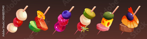 Canape food and finger tapas buffet appetizer vector illustration. Isolated starter dish on toothpick. Vegetable, fruit, salmon and berry on stick for party catering or served dinner snack collection