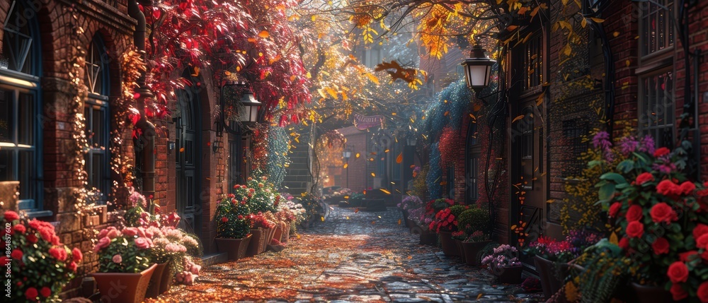 Fototapeta premium A serene alley with a brick wall and flower boxes under the windows.