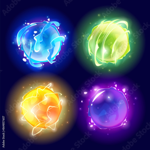 Magic energy ball for game. Power orb glow icon. Circle crystal fireball and blue water sphere for fantasy wizard illustration. Neon portal or toxic fortune plasma set. Abstract round cristal element