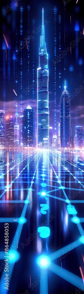 Futuristic cityscape with glowing skyscrapers and a digital network, representing advanced technology and innovation. Futuristic cityscape with glowing skyscrapers and a digital network, representing advanced technology and innovation.