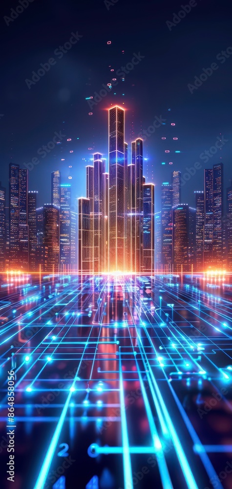 Fototapeta premium Futuristic cityscape with glowing skyscrapers and a digital grid foreground, illustrating advanced technology and innovation