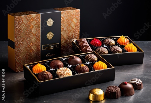 elegant assortment gourmet chocolates unwrapped gift box display, selection, confectionery, treats, sweets, variety, premium, luxury, deluxe, lavish, upscale photo