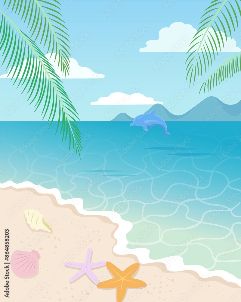 Sea beach landscape summer illustration with horizon Sea beach landscape summer illustration with horizon