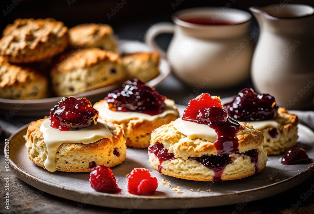 delicious freshly baked scones clotted cream jam plate, dessert, sweet, tasty, snack, treat, breakfast, brunch, pastry, traditional, british, meal, homemade delicious freshly baked scones clotted cream jam plate, dessert, sweet, tasty, snack, treat, breakfast, brunch, pastry, traditional, british, meal, homemade