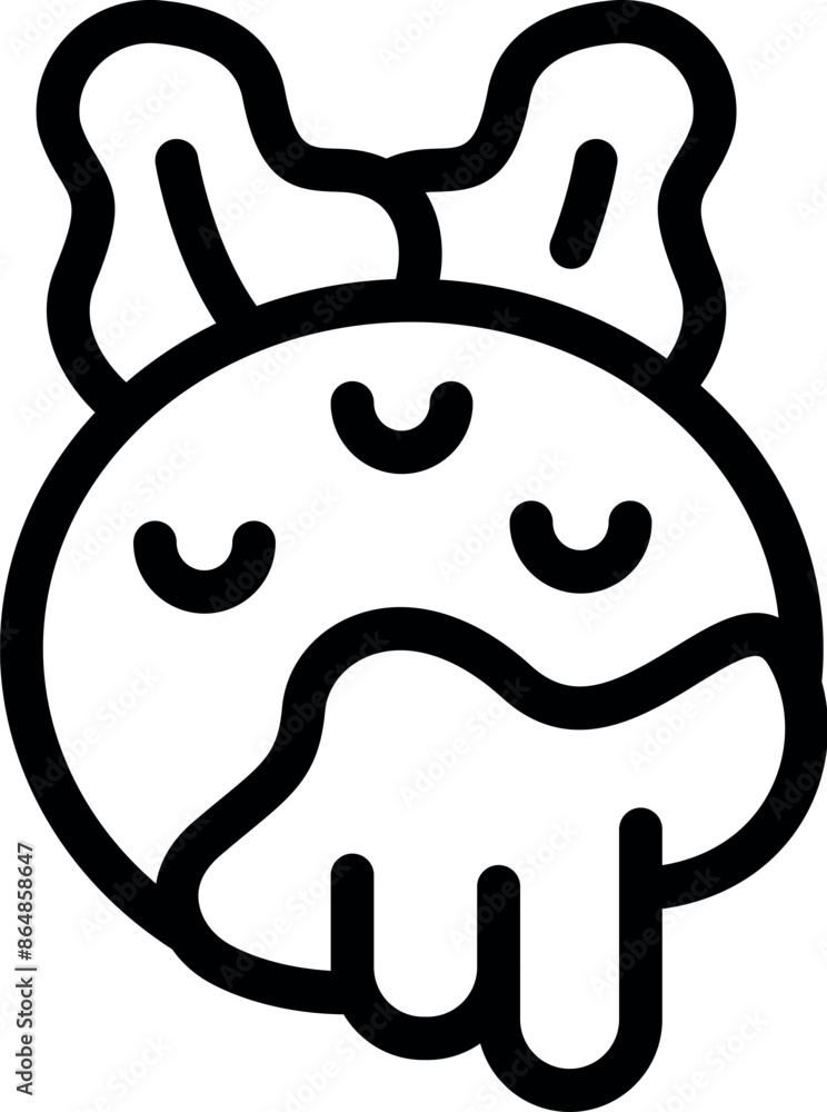 Simple line drawing of a half melted round chocolate candy with two leaves is smiling Simple line drawing of a half melted round chocolate candy with two leaves is smiling