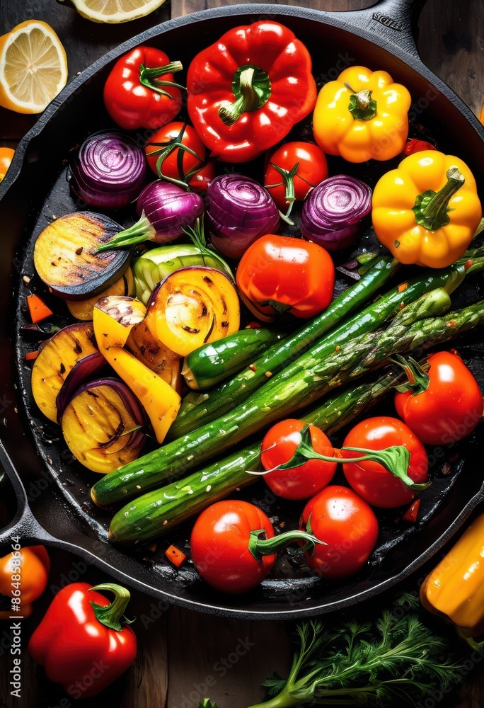 sizzling grilled vegetables cast iron skillet rustic setting, food, cooking, healthy, organic, delicious, colorful, fresh, vegan, nutrition, tasty, meal sizzling grilled vegetables cast iron skillet rustic setting, food, cooking, healthy, organic, delicious, colorful, fresh, vegan, nutrition, tasty, meal
