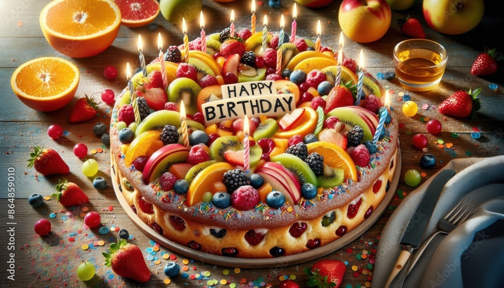 Obraz premium Fruit cake happy birthday