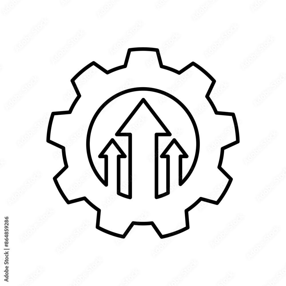 Gear arrows up black line icon. Operational excellence. System upgrade icon, gear with arrow, update process, install software. Vector Illustration. Gear arrows up black line icon. Operational excellence. System upgrade icon, gear with arrow, update process, install software. Vector Illustration.