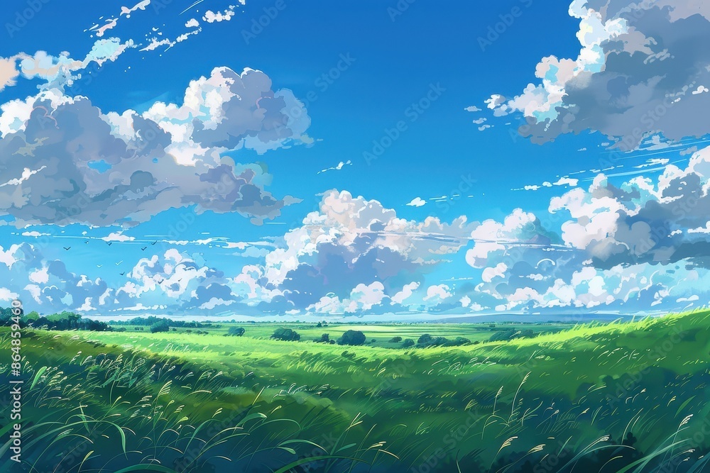 Fototapeta premium Beautiful scenery of green meadow with fluffy clouds and blue sky. Summer landscape of lush green grass and white clouds. Nature and outdoors concept.