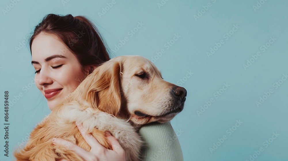 Young smiling happy cheerful owner woman with her best friend retriever wear casual clothes cuddle hug dog close eyes isolated on plain pastel light blue background studio Take care ab : Generative AI Young smiling happy cheerful owner woman with her best friend retriever wear casual clothes cuddle hug dog close eyes isolated on plain pastel light blue background studio Take care ab : Generative AI