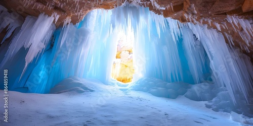 Exploring the Beauty of Ice Caverns A Stunning Underground Scene. Concept Ice Cavern Photography, Underground Adventures, Natural Wonders, Frozen Landscapes, Subterranean Exploration photo