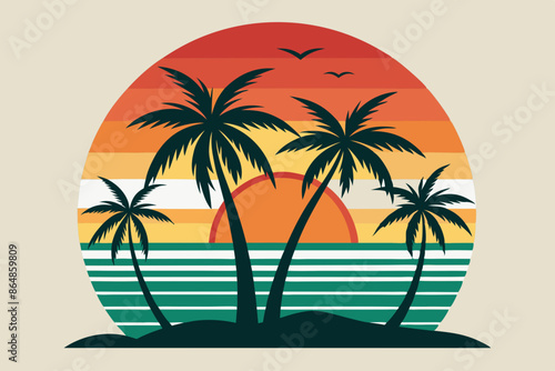 Wallpaper Mural Vintage Beach with palms tree and sunset, vector summer T-Shirt Design Torontodigital.ca