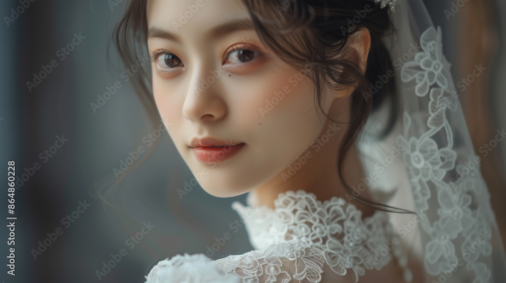 純白のウェディングドレスを着た笑顔の日本人花嫁 純白のウェディングドレスを着た笑顔の日本人花嫁